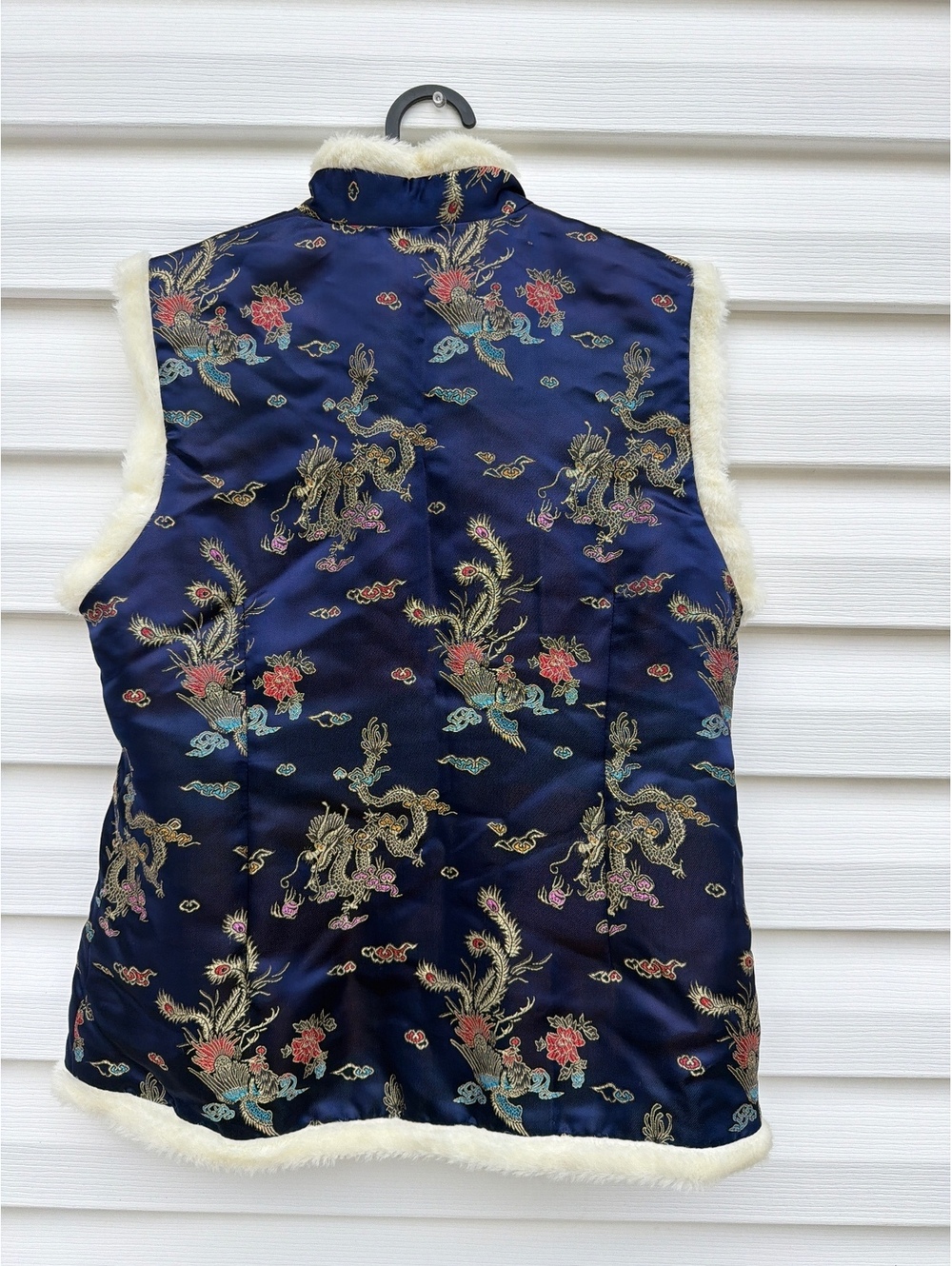 Plum Blossom Women's XL Navy Chinese Dragon Brocade Faux Fur Trim Vest - Picture 2 of 6